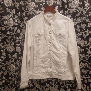 Chico’s Platinum Women’s Size 2 Reg Size 12 White Denim Jacket Ruffle Edges